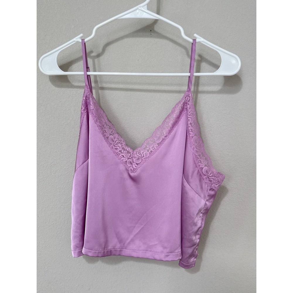 Colsie Camisole Top Women Size L Purple Satin Lace Trim Cropped Sleep Tank